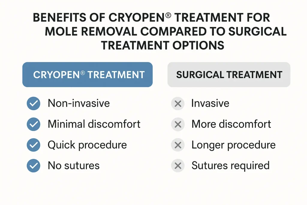 Table to show the benefits of getting moles removed Hampton Court from LA LIPO