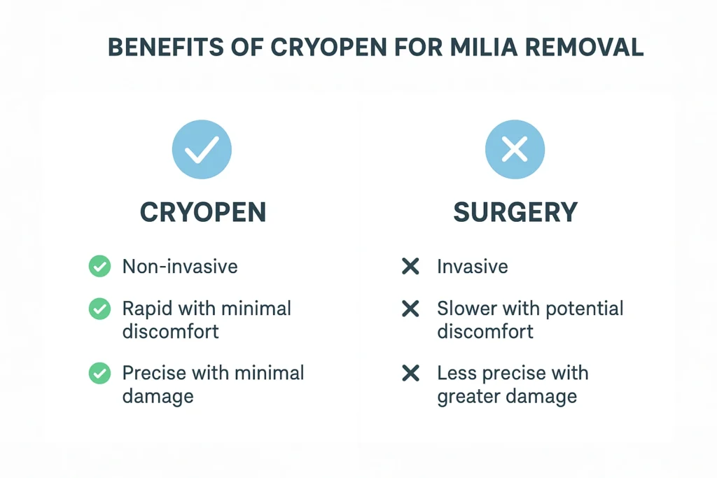 Benefits of cryopen for milia removal Hampton Court compared to surgical treatments.
