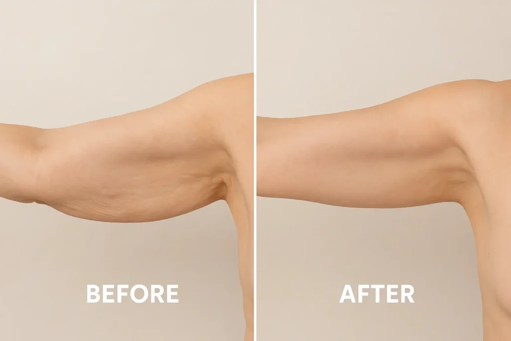 Picture of LA LIPO Hampton Court before and after results of skin tightening treatment on the upper arms.
