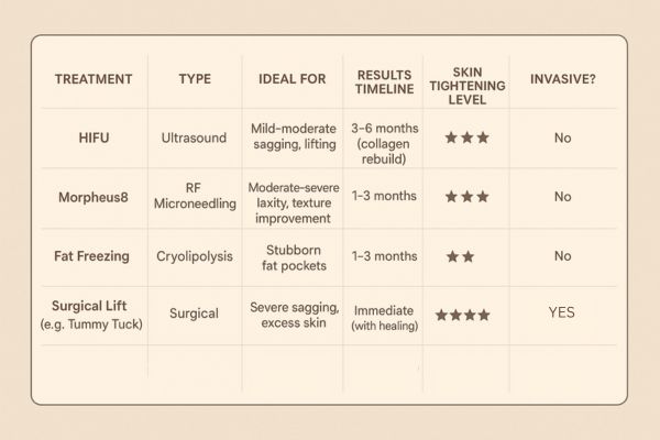 Table showing the comparisons of Skin tightening Hampton Court treatment options. 
